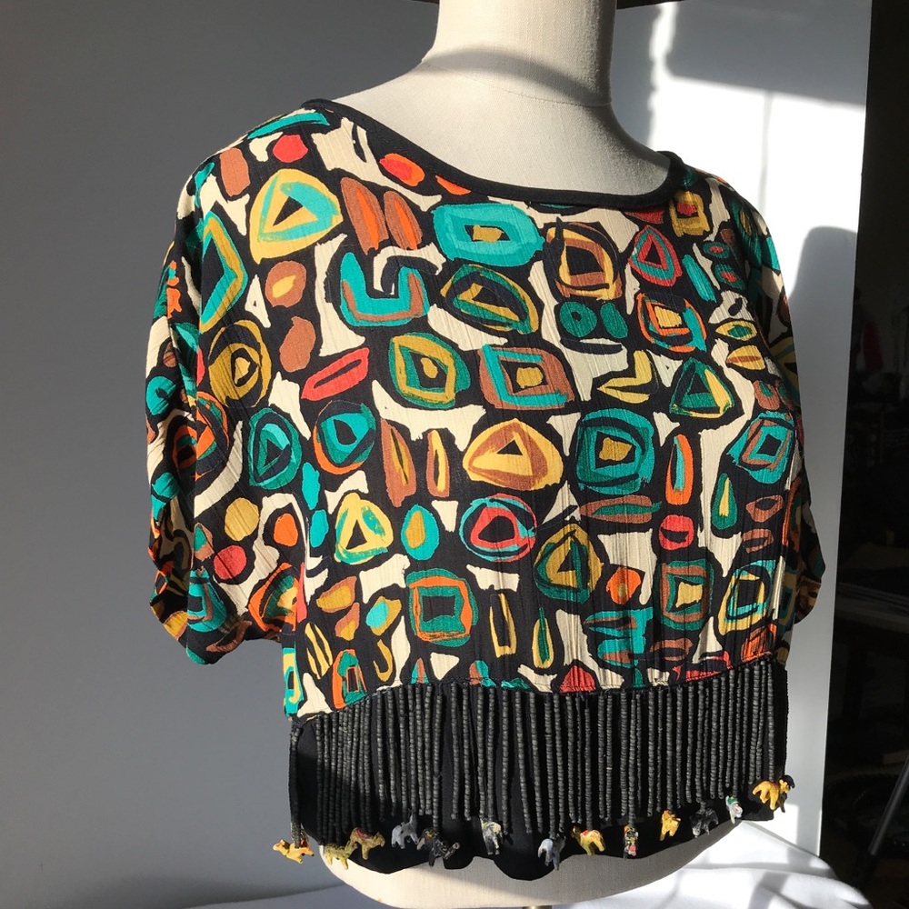 Beaded swing Top boho blouse green, black, orange see animal beads! SZ Med P